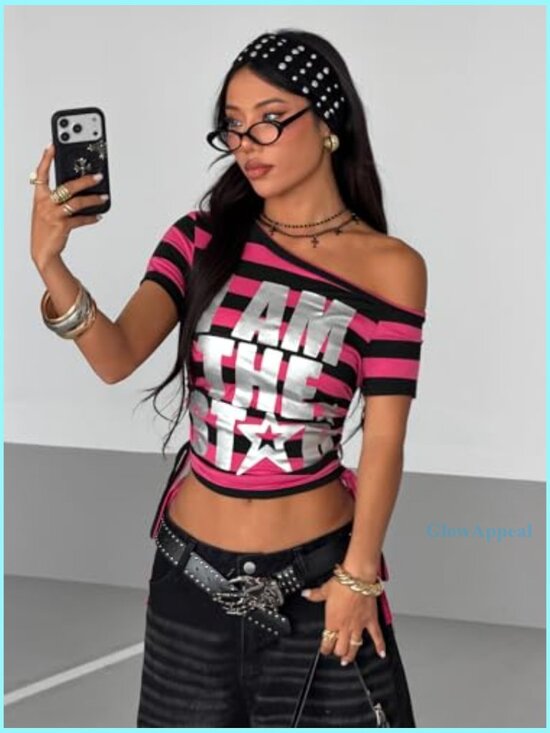 Off Shoulder Striped Tee with Ruched Sides Y2K Fitted Top - Picture 4 of 6